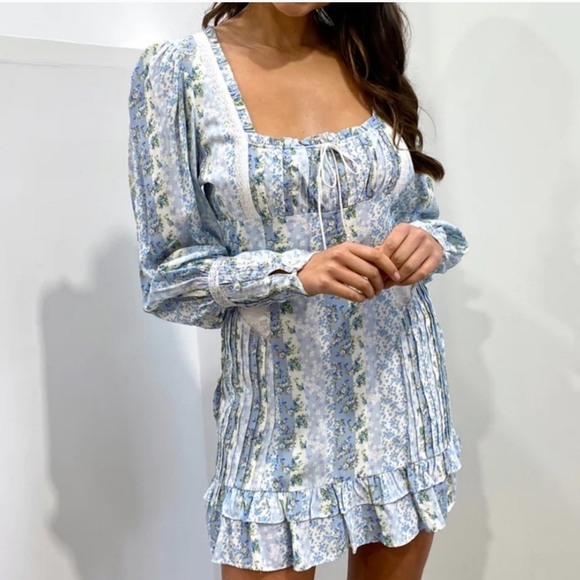 For Love and Lemons Gracie Mini Dress Priarie Blue Floral Patchwork Size L NWT - Picture 1 of 10